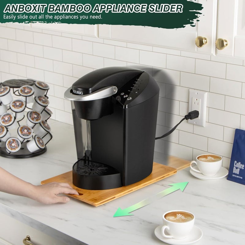 ANBOXIT Bamboo Appliance Slider, Sliding Tray for Coffee Maker, Kitchen Countertop Appliance Rolling Tray, Coffee Pot Slider Tray with Rubber Wheels, Deep - Medium (14.5"D x 9.5"W) - Image 2